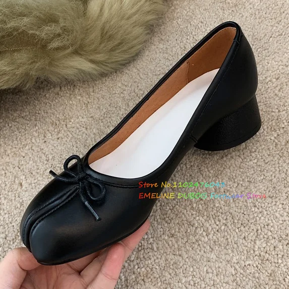 Genuine Leather Split Toe Mary Janes Shoes Women Round Toe Bowknot Chunky Heel Slip On Shallow Designer Brand Casual Pumps