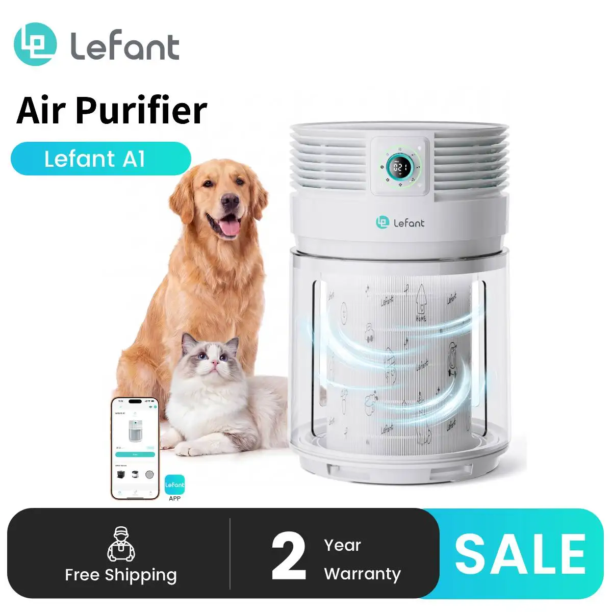 Lefant A1 Luftreiniger für Zuhause, H13 Mehrschichtfilter, Tierhaar- und Geruchsentfernung, 30dB Leiser Luftreiniger, App-Steuerung, Anti-Kipp-Design