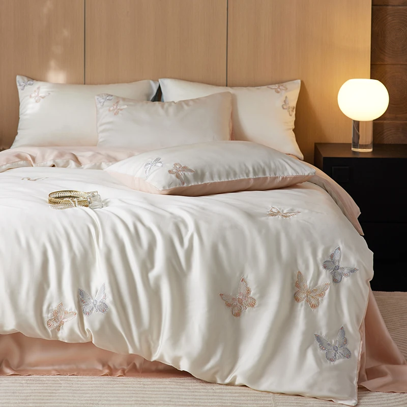 Simple and light luxury 60 Lenzing Tencel four-piece ice silk butterfly embroidered quilt cover sheet spring and summer