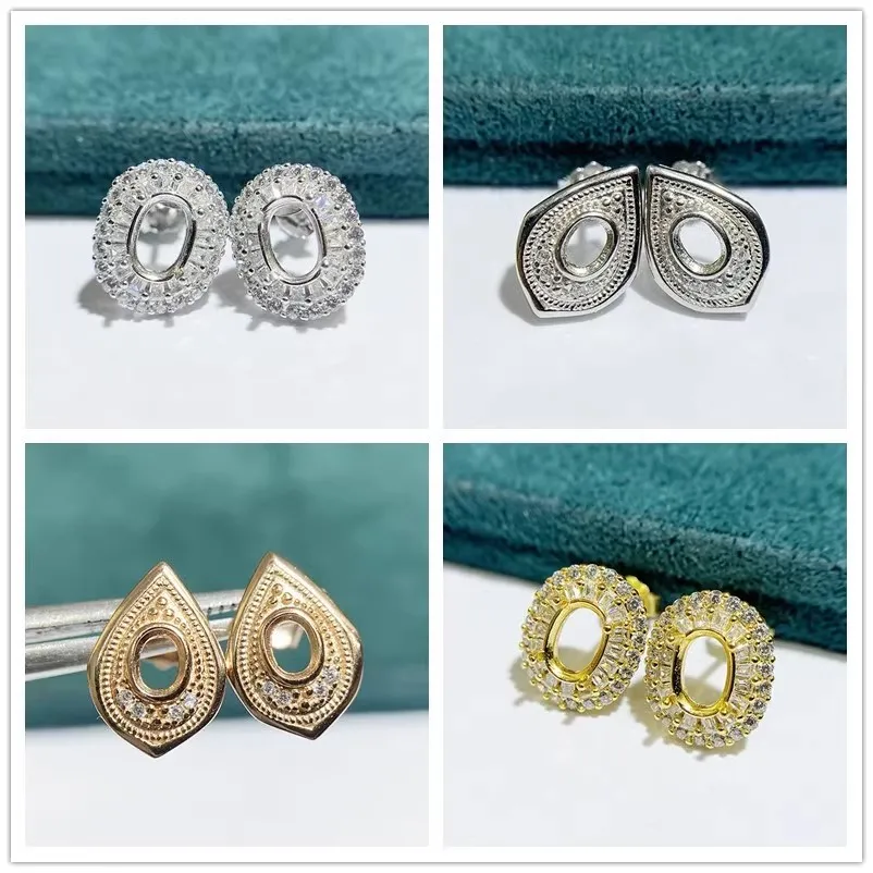 MeiBaPJ 3*4/5*7 Elliptic Stones DIY 925 Silver Empty Holder Fashion Zircons Stud Earrings Fine Charm Party Jewelry for Women