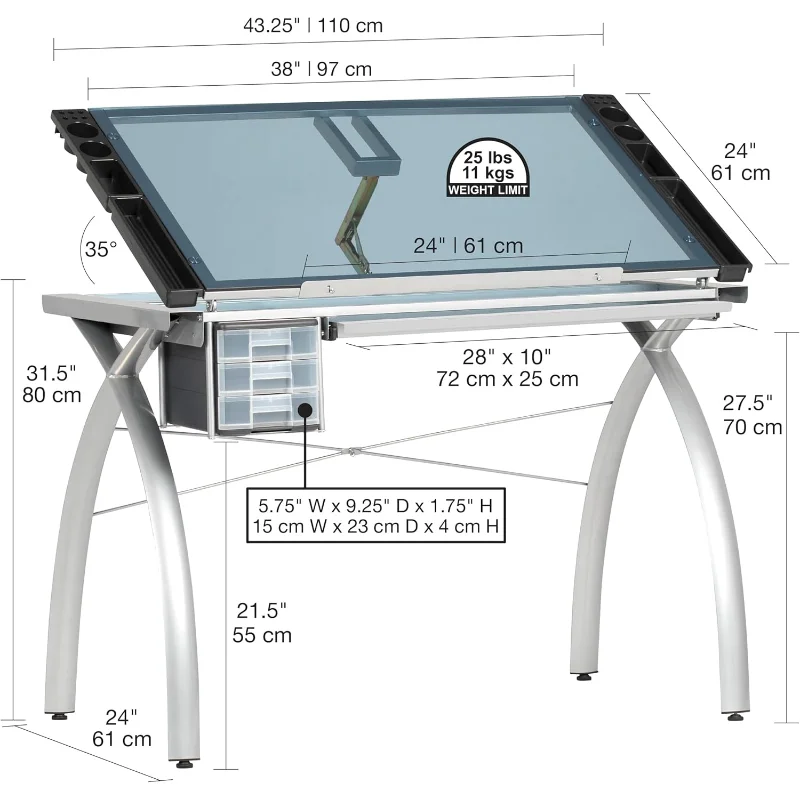 Futura Crafting, Drafting, Drawing Adjustable Top Hobby Table Writing Studio Art Desk with Drawers, 38''W x 24