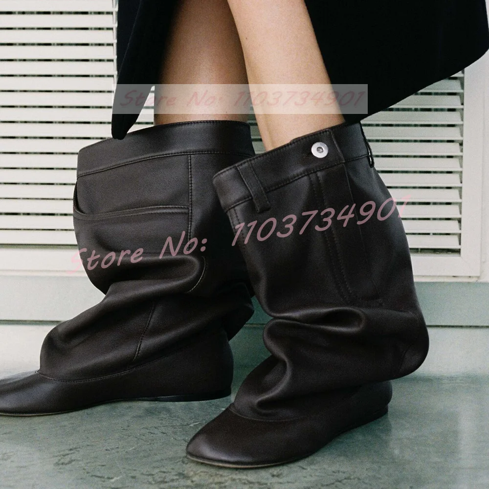 Wide Fit Mid Calf Boots Ladies Fashion Baggy Slouchy Slip-on Round Toe Zipper Flats Shoes Women Big Size Nifty Slouch Boots