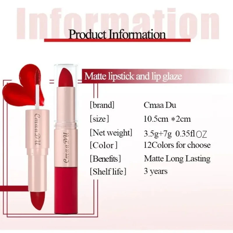 CmaaDu 12color 2In1 24HR Locked Kiss Weightless Colour Waterproof Matte Lipgloss Lipstick Long Lasting Lipstick Makeup Cosmetic