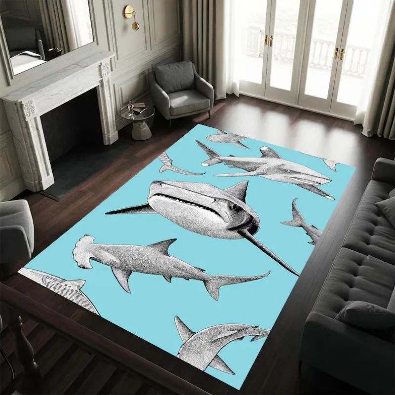 Deep Sea Shark Adventure Rug, Realistic Gray Sharks in Poses on Light Blue, Dynamic Ocean Floor Mat for Boys Room & Game Room