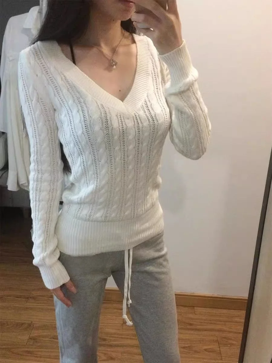 

Корейский джемпер с v-образным вырезом и длинными рукавами, пуловеры, женская одежда, облегающий однотонный однотонный вязаный свитер в рубчик, Pull Femme