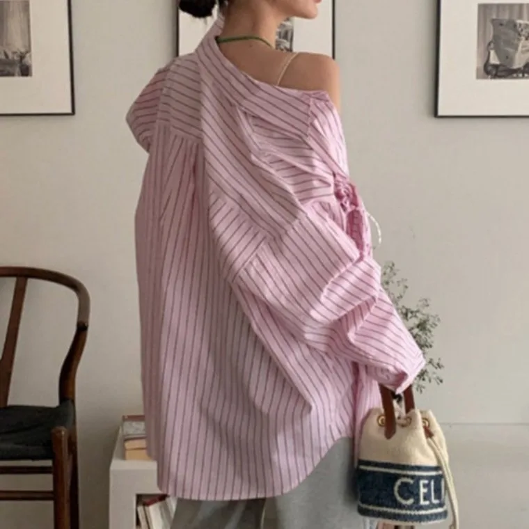 Chic Vintage Striped Long Sve Loose Women's irt Korean Sle Commute Faion Agel Design Trendy Match All Autumn