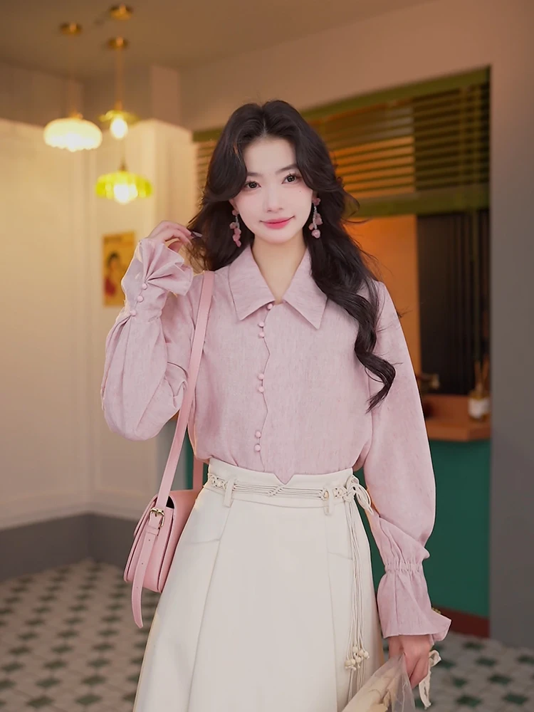 

Женская блузка Chen Jiajie Rose Sle свободного кроя, розовая, в стиле ретро, красивая, в гонконгском стиле, новинка 2025 года