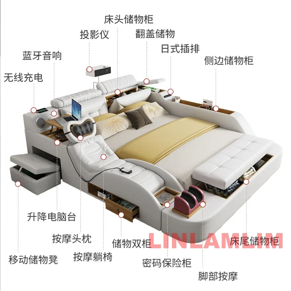 Linlamlim Nowoczesny WIELOFUNKCYJALNY ŁÓŻKA Tech SMART 2-osobowy | FURURYCZNA FURNITURE | Łóżka z prawdziwej skóry Ultimate Massage Tatami