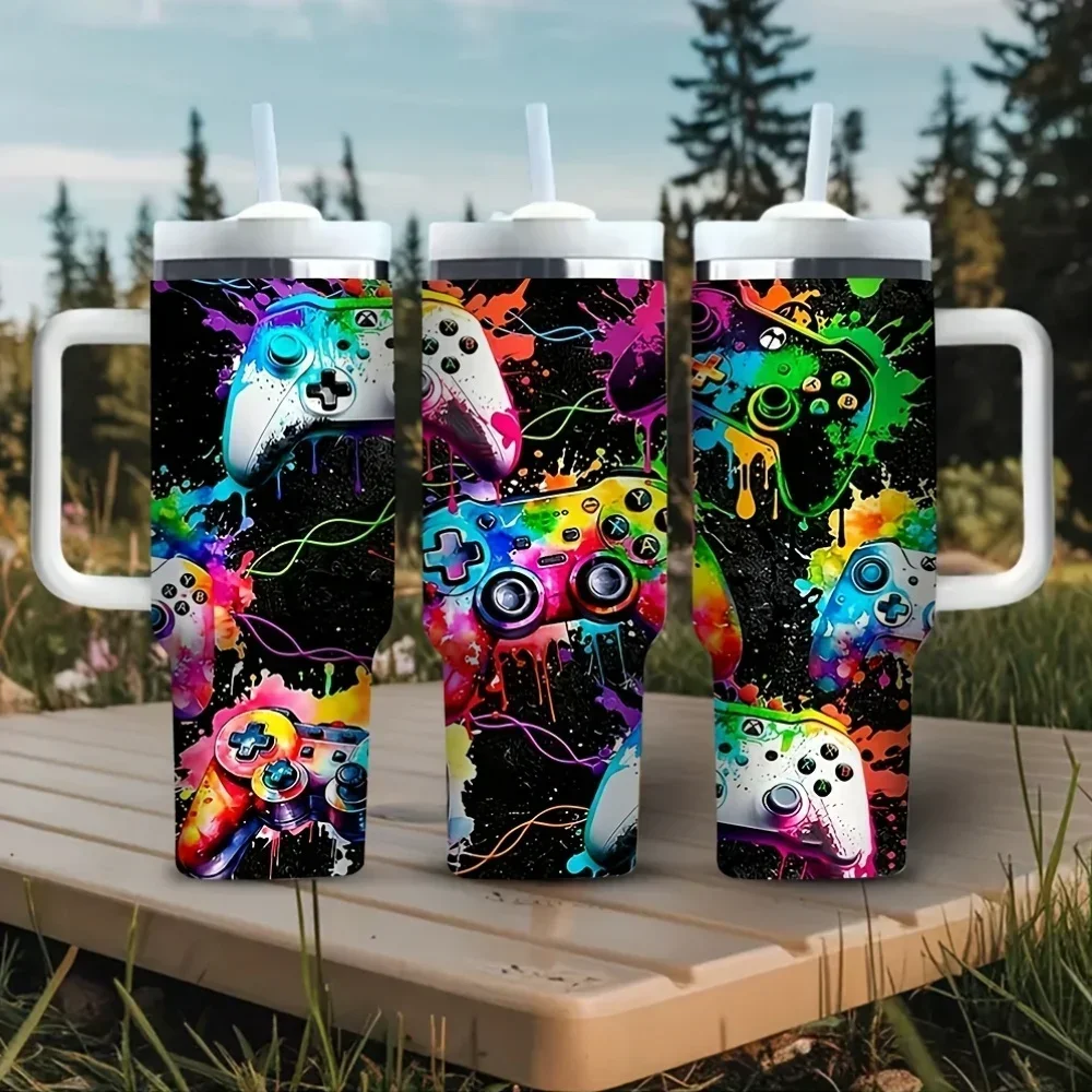 40Oz Tumbler with Handle, Colorful Graffiti Game Controller Print, Suitable for Game Lovers, Works for Both Hot And Cold Drinks, Perfect for Outdoor Travel, Casual Daily Use, And Gaming Events