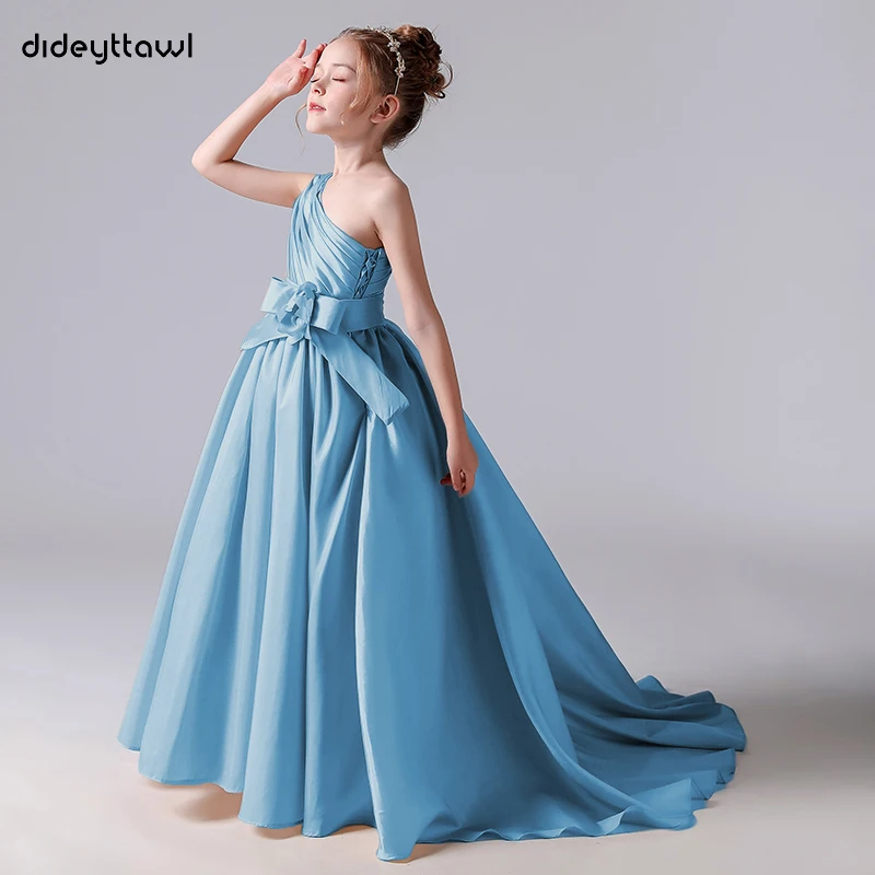 Muslimchampagne Satin Flower Girl Dresses One Shoulder Girl Wedding Party Dress Ball Gown Girl Princess Dress abito formale