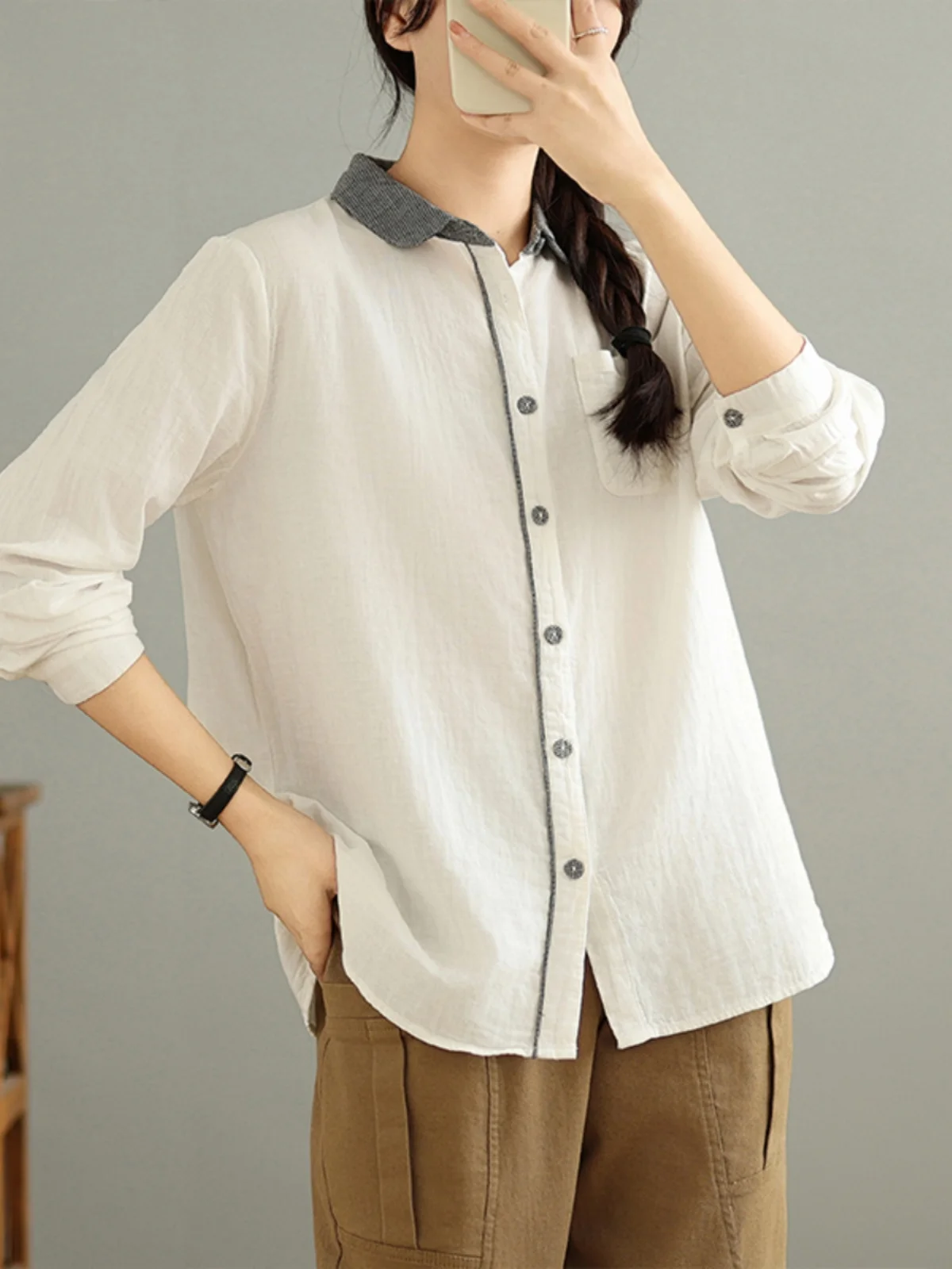 الرجعية اليابانية Sle المرأة القطن irt الخريف الربيع منقوشة نمط طبقات عادية أعلى طوق طويل Sve منتظم صالح #3