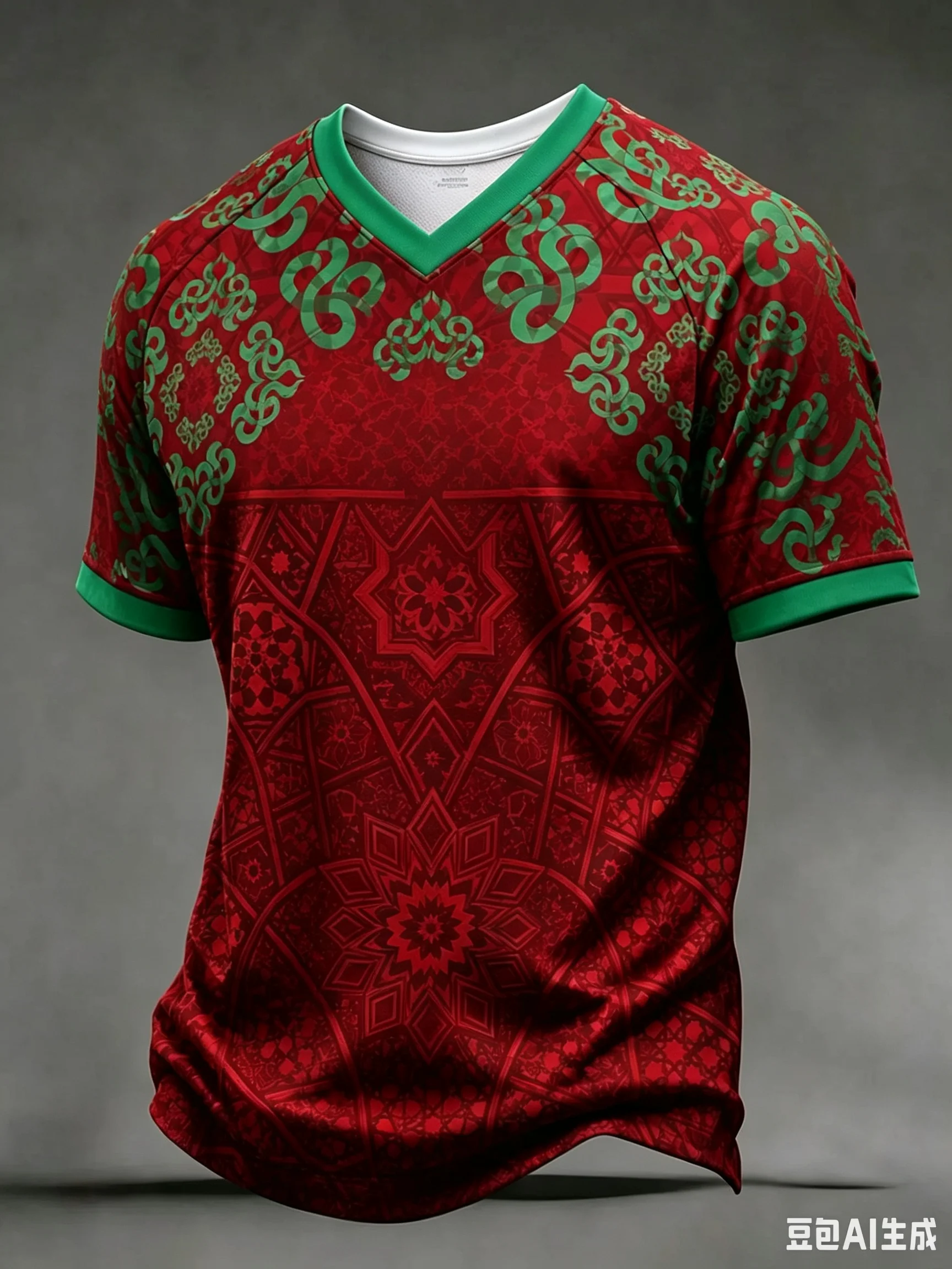 3D Printed Short-sleeved Football Jersey with Red and Green Stripes for The Moroccan Football Team