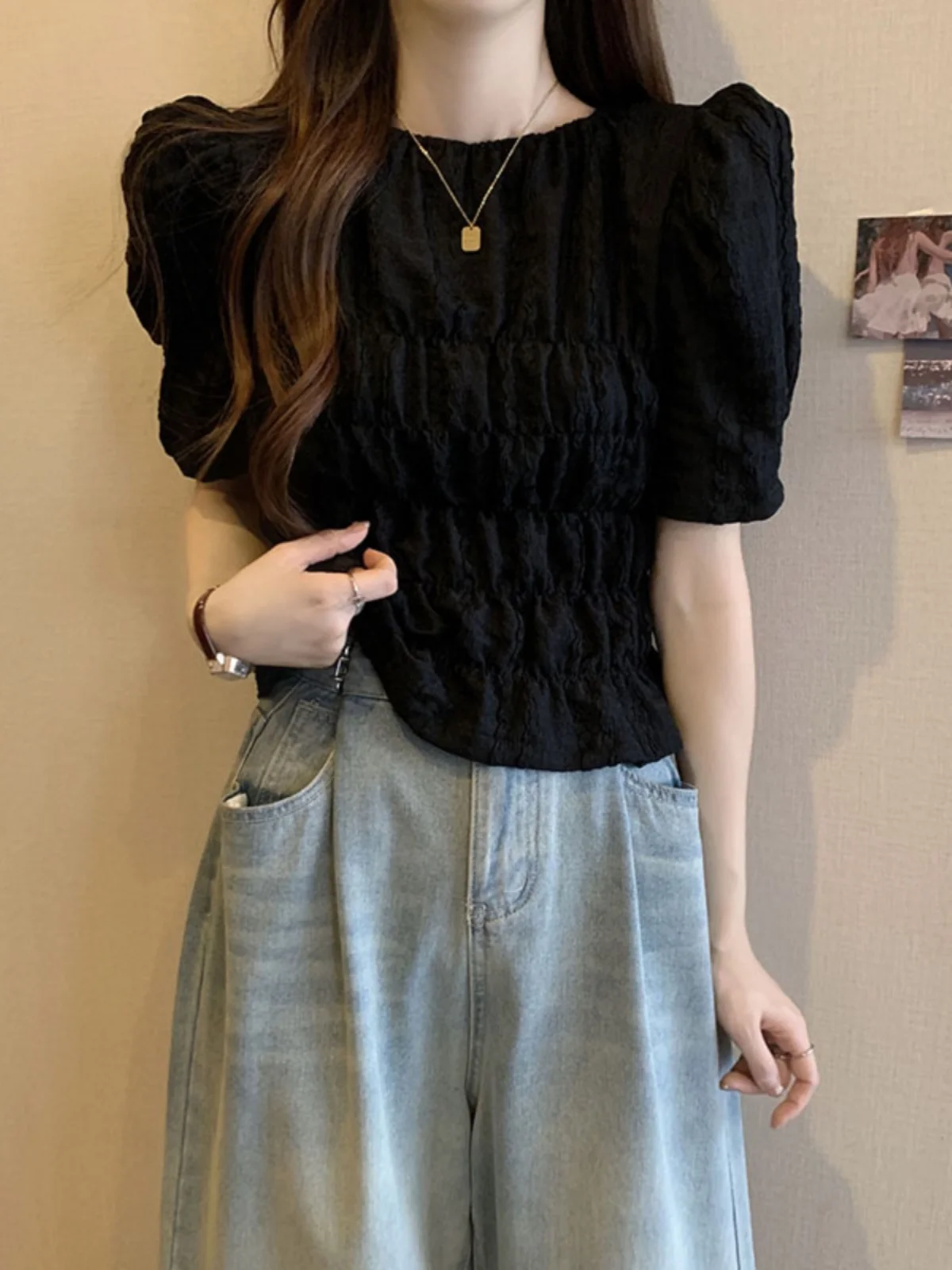 

Slimming Short Sleeve T-Shirt Women's Summer plus Size Beautiful Pleated Shoulder Design Casual Comfortable Korean Style Top