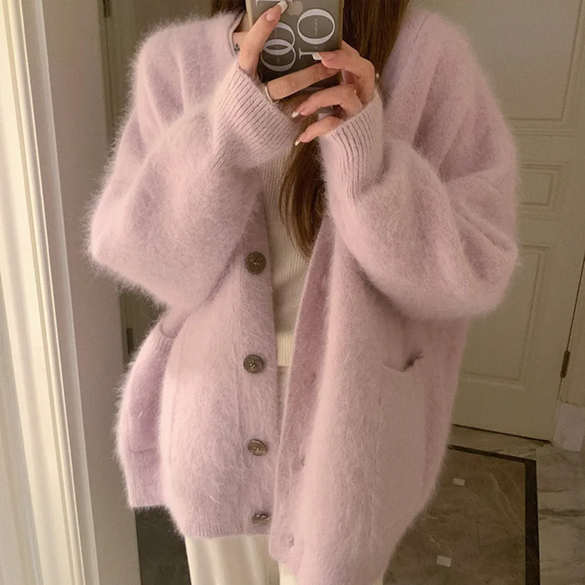 

Autumn Winter Pink Soft Imitation Mink Loose Sweater Coat Oversized Women V Neck Single Breasted Pockets Mohair Knitted Cardigan