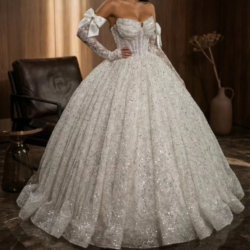 Customized Shiny White Ball Gown Royal Wedding Dresses off-shoulder Long tail Tull Lace Decal applique Made Robe De