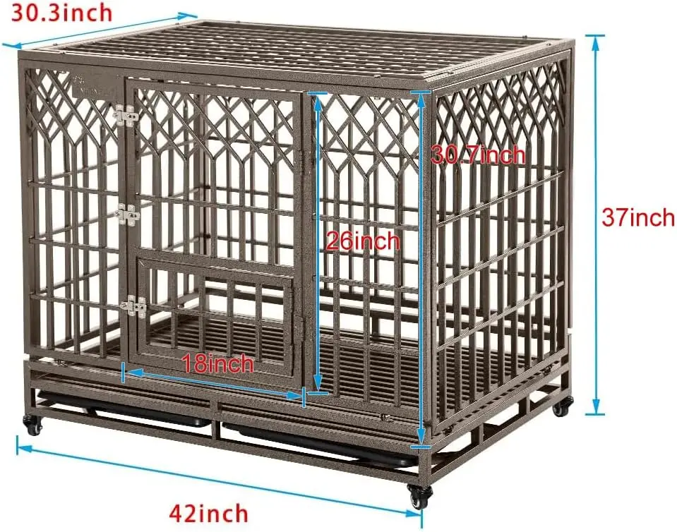 Large Dog Strong Metal Kennel and Crate Pet Playpen with Three Doors, Four Wheels,42 Inch