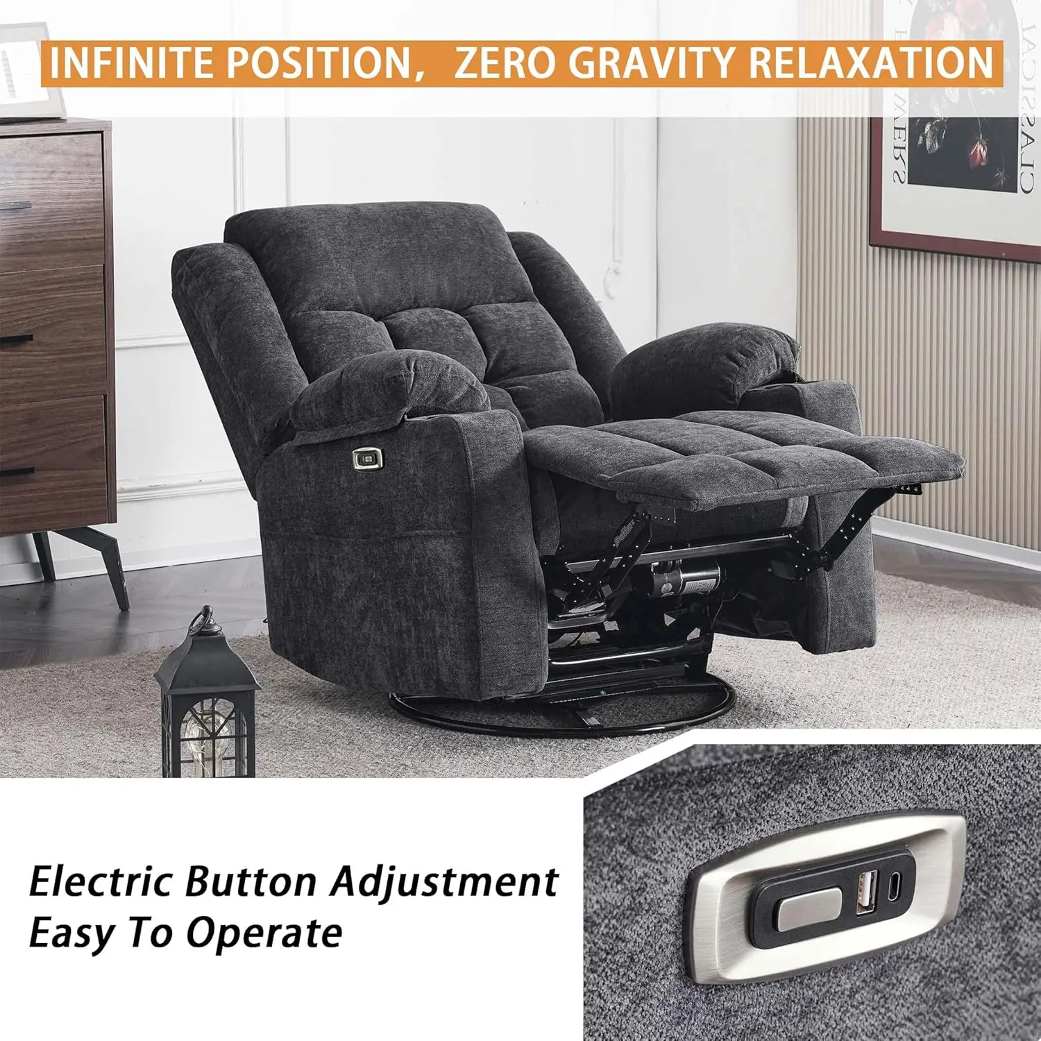 Silla reclinable Power Swivel Rocker para adultos con masaje, puertos USB y tipo C, posición infinita, planeador eléctrico reclinable S