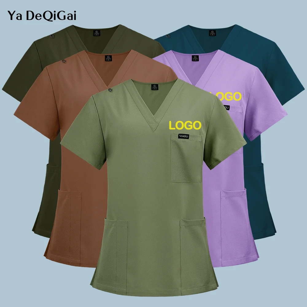 Nurse Uniforms Lab Workwear Short Sleeve V-neck Clothes Solid Color T-shirt Medical Nursing Blouse Beauty Uniforms Scrubs Tops