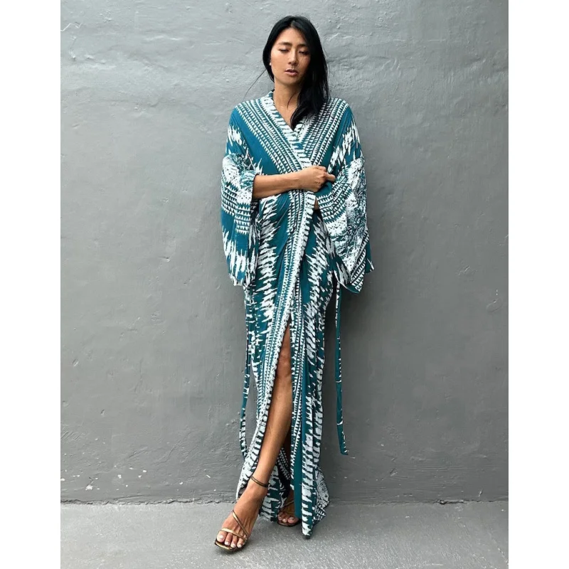 Beach Cover Ups ผู้หญิง Tie Dye พิมพ์กิโมโนเสื้อสเวตเตอร์ถัก Self Belted Wrap ชุดเดรสวันหยุดฤดูร้อนชุดว่ายน้ํา