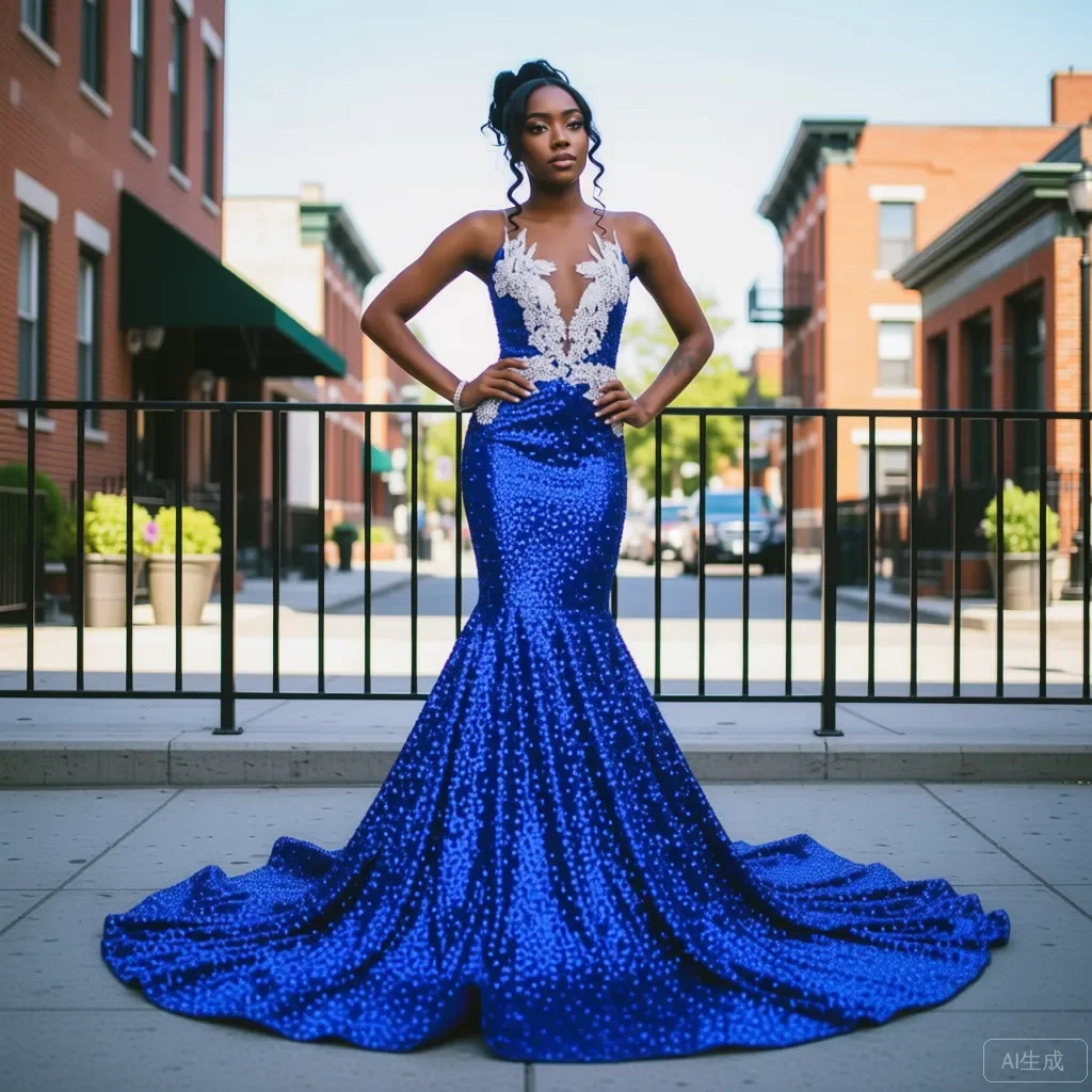 

Royal Blue Sequin Mermaid Prom Dress with White Lace Applique Deep V Neck Long Train Formal Evening Gown for Graduation Party