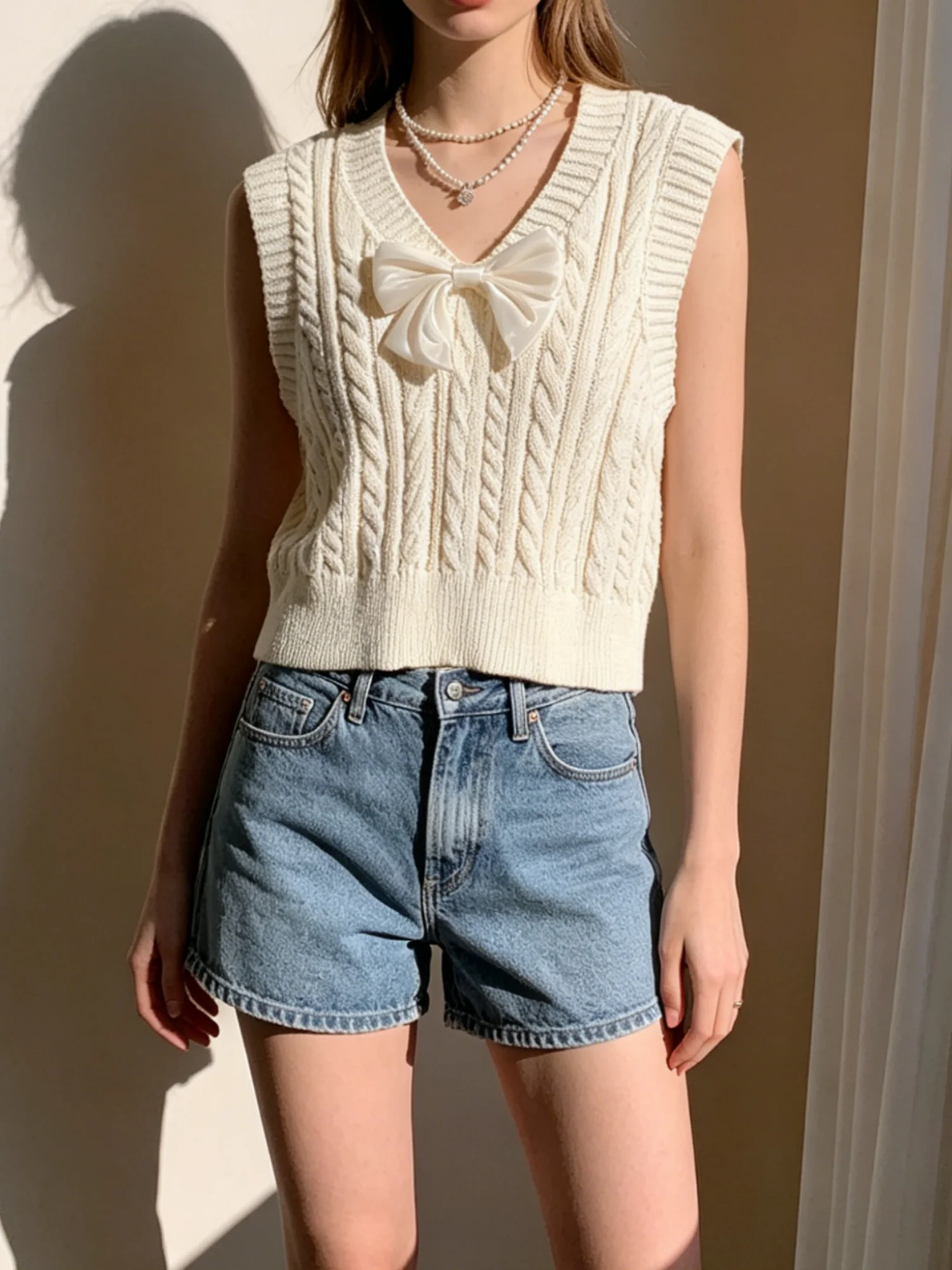 Picture 6: Women's spring and summer solid color knitted vest, adorned with bow decorations, fashionable and casual women's clothing