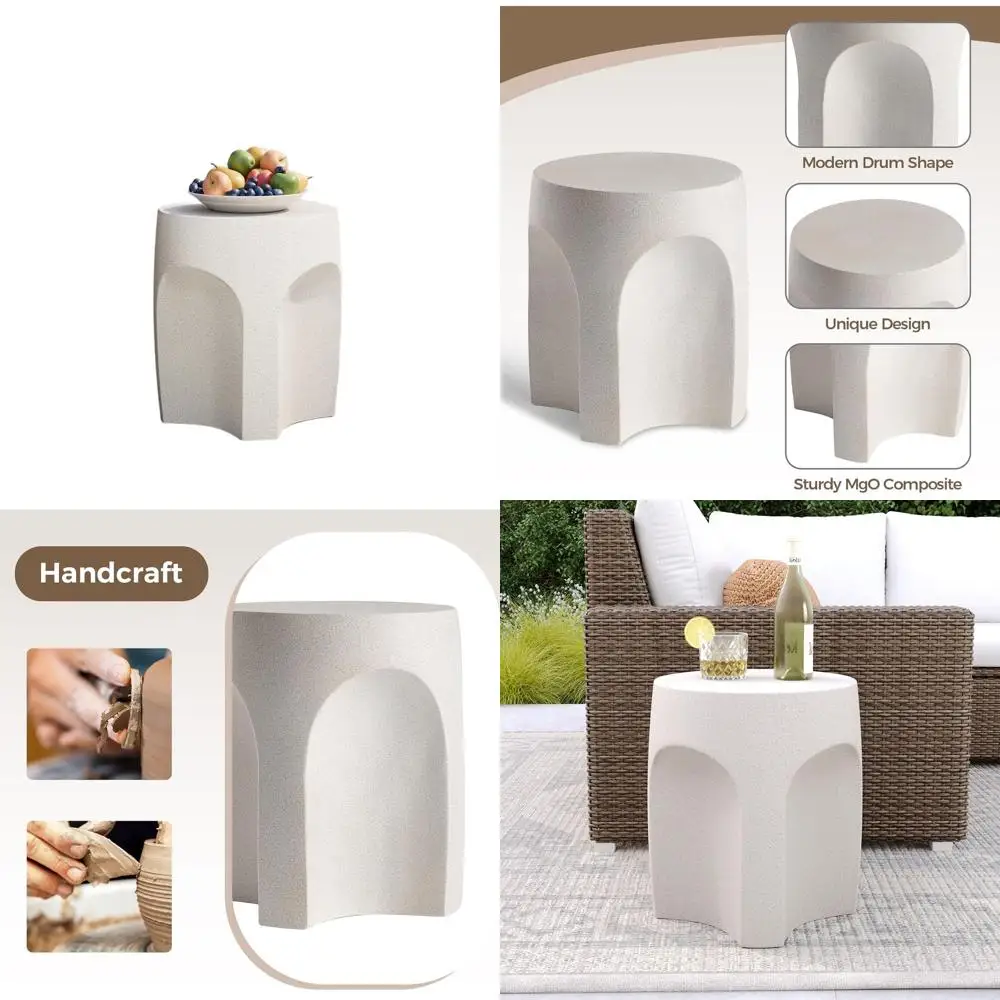 

White Spotted Outdoor Drum Side Table, 17 High Patio Accent Furniture, Garden Decorative Plant Stand