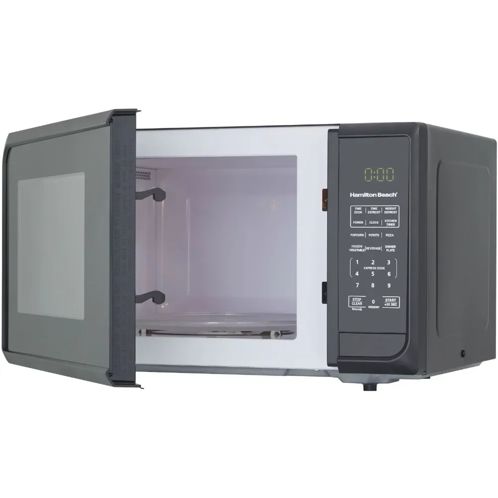 0.9 cubic foot matte black microwave oven with 6 quick setting menu options, easy to read LED display, and child safety lock