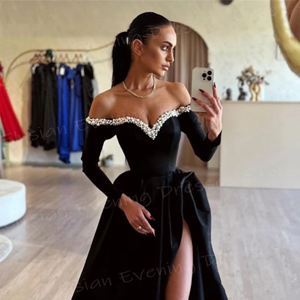 Fascinating Sexy Black A Line Women's Evening Dresses Elegant Off The Shoulder Prom Gowns Simple Long Sleeve Split فساتين سهرة