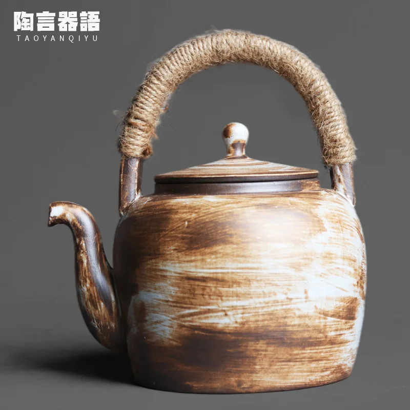 

Japanese-style kiln-baked cosmetic glaze large teapot ring handle handmade retro pottery material tea ceremony tea cold water si