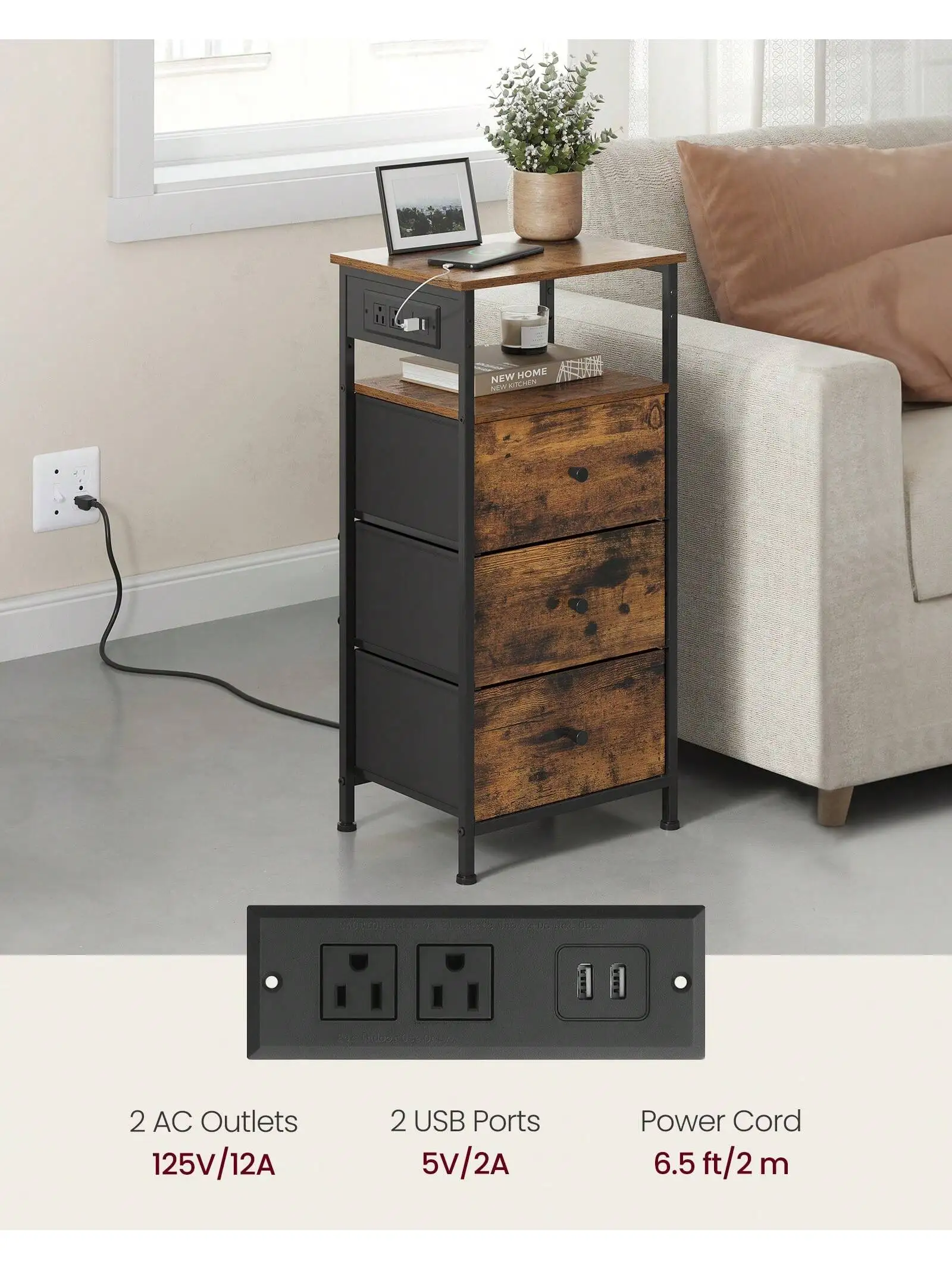 VASAGLE Nightstand With Charging Station, Night Stand, Side Table With 3 Drawers And 1 Open Shelf, Fabric Drawers With MDF Fr