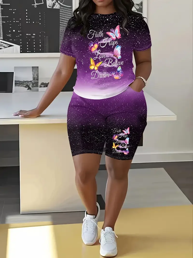 

Женский повседневный комплект с короткими рукавами и шортами: «Faith Hope Love Believe Dream» с принтом бабочки и звездным градиентом для отдыха и улицы