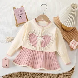 Children's Clothing Sets Love Knit Sweater + Pleated Skirt Baby Girl Winter Clothes Toddler Girl Cardigan Sweater Korean Style