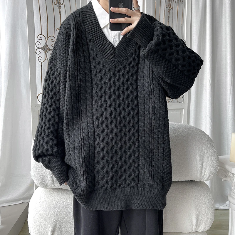 Winter Sweater Men Warm Oversized Casual Knitted Pullover Men Korean Loose V-neck Long Sleeved Sweater Mens Jumper Clothes