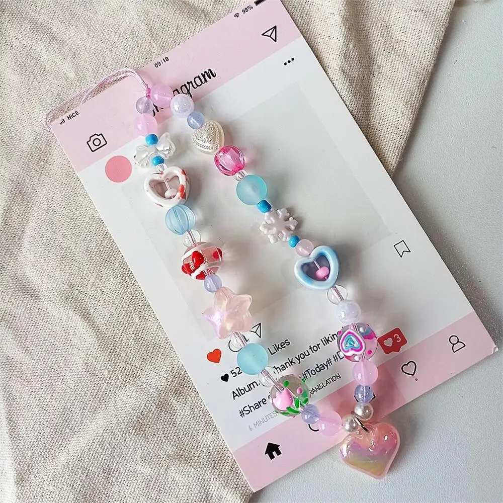 

Korean Cute Pink Blue Love Heart Beaded Phone Chain Charm Lanyard For iPhone CCD Camera Decorated With Anti-Loss Lanyard