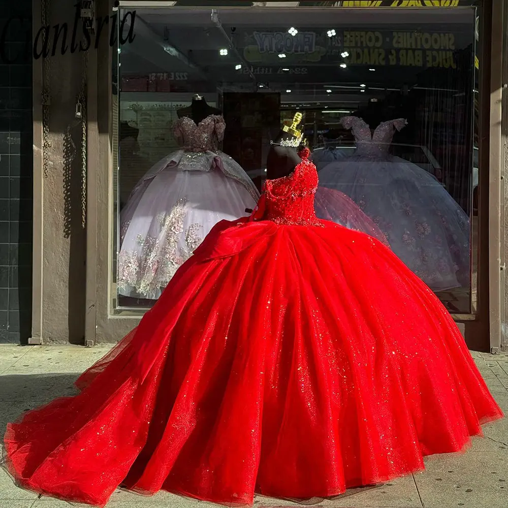 Vestido De quinceañera con perlas Rojas brillantes, vestido De baile con cuentas De cristal, corsé con lazo, hombros descubiertos, 15 Años