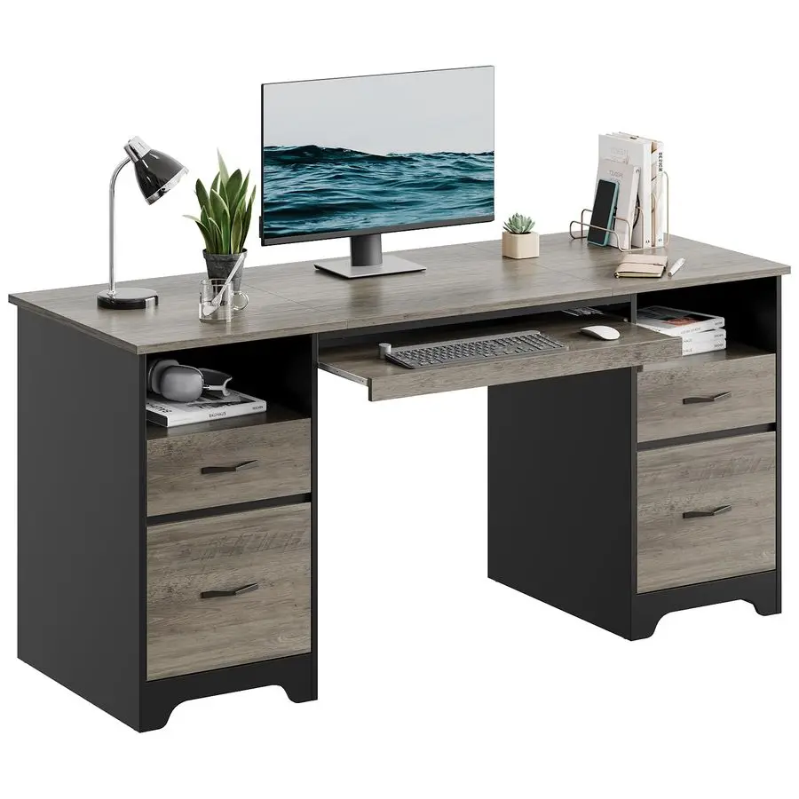 

59 Inch Office Desk with 4 Drawers, Computer Desk with Storage, Executive Desk with File Drawer, Keyboard Tray amp 2 Pedestals