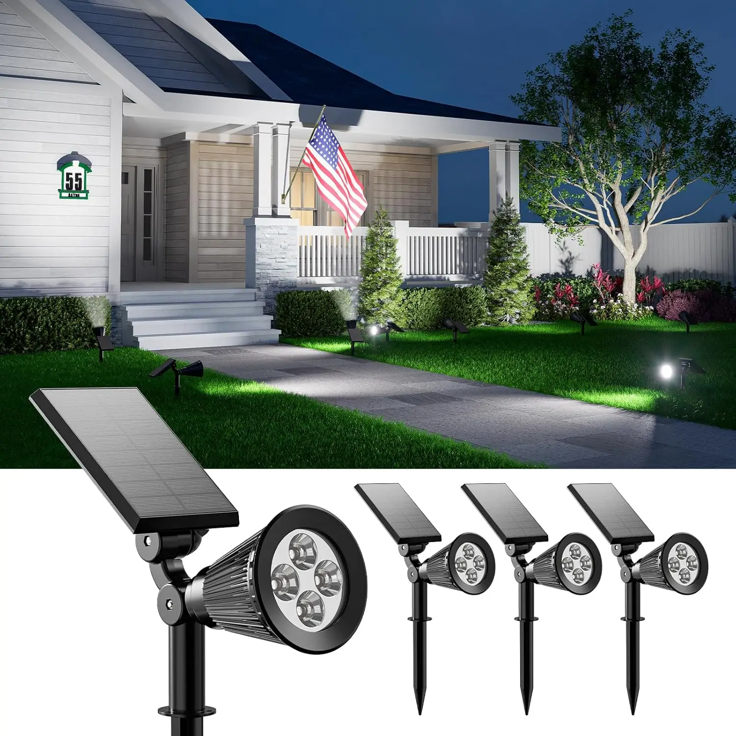 4 Pack Solar Spotlights Outdoor Waterproof for Garden, Yard, and Security with Adjustable Brightness Modes