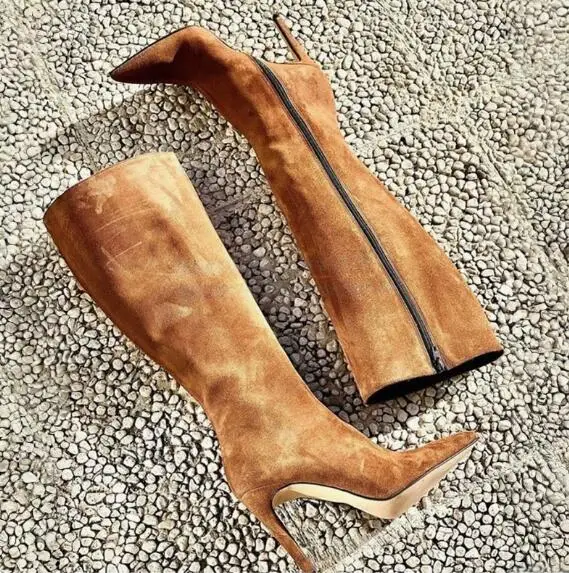 

Осенние женские коричневые замшевые сапоги до колена на молнии, с острым носком, на тонком каблуке, в современном стиле, для дропшиппинга