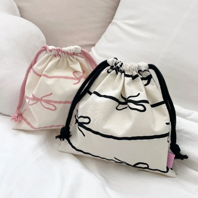 

Elegant Cotton Jewelry Pouches Practical Large Cotton Drawstring Pouches Trendy Bowknot Embellished Jewelry Bag