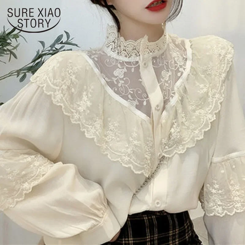 2024 Spring Loose Blouses Sweet Korean Clothes Lace Up Ruffles Women Blouse Fashion Women Stand Shirts Vintage Ladies Tops Chic