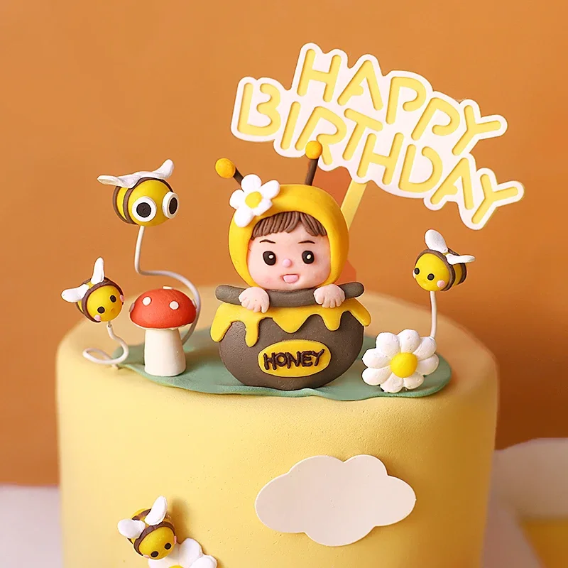 Forniture per la decorazione di torte animali dei cartoni animati Bee Felt Honey Happy Birthday Cake Toppers per la decorazione di torte di