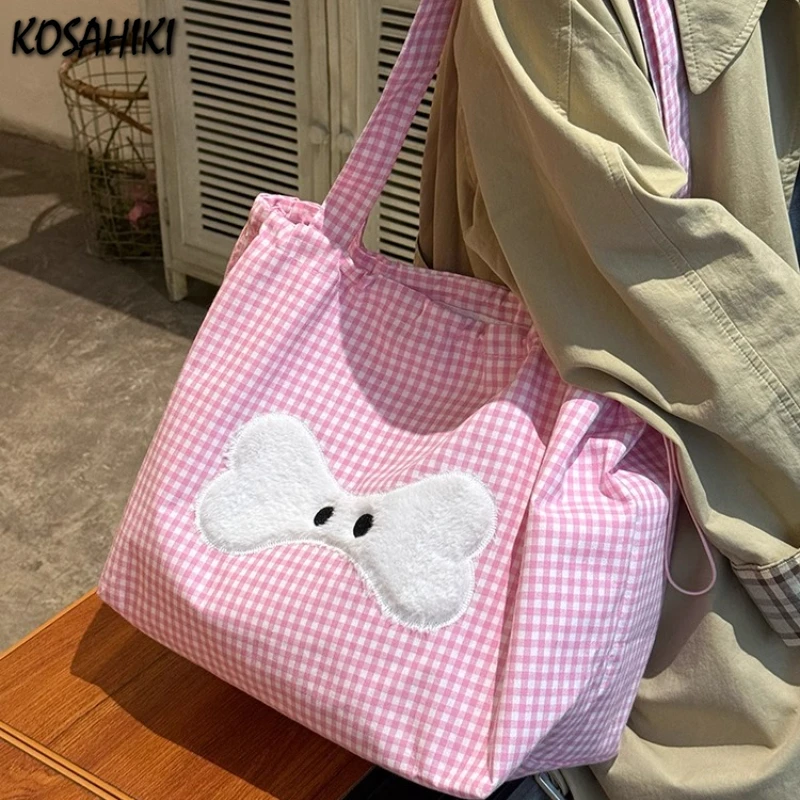

Sweet Y2k Aesthetic Kawaii Plaid Shoulder Bags All Match Women Drawstring Casual Handbags New Fashion Grunge Canvas Underarm Bag