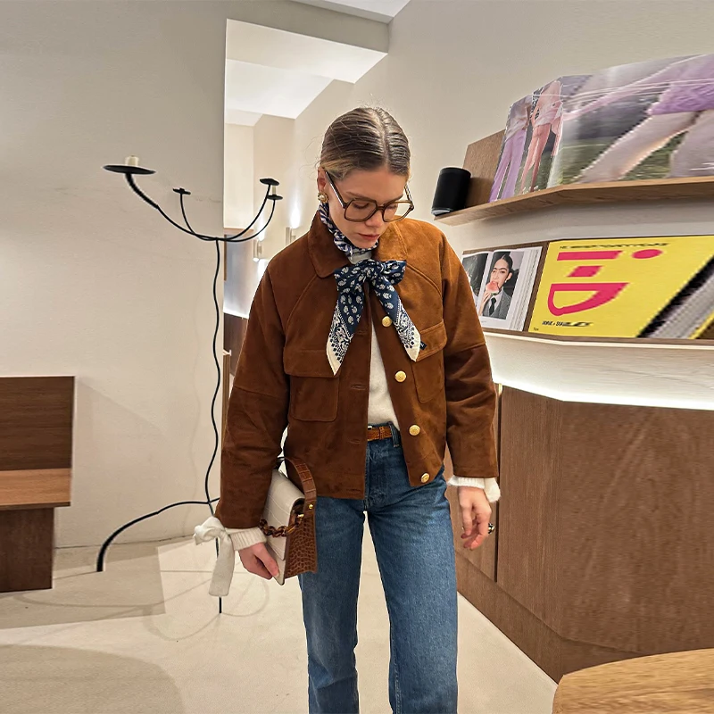 

Basic Brown Women Winter Coat Retro Single Breasted Short Jacket Slim Lapel Pocket Outwear 2025 New Lady Casual Chic Streetwear