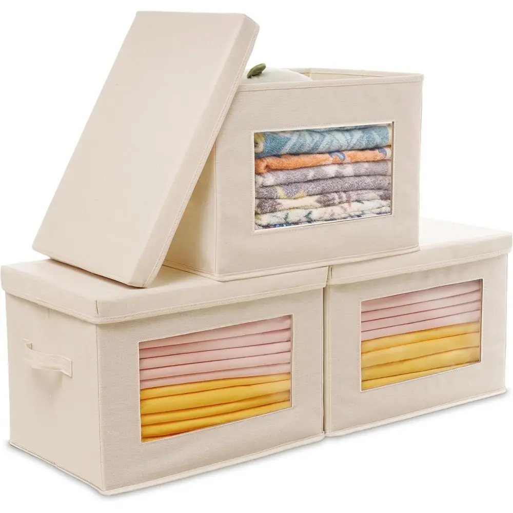 

3-Pack Storage Bins with Lids, Fabric Collapsible Storage Bins with Soft Cord Handles, Canvas Storage Bin with Lid for Organizin
