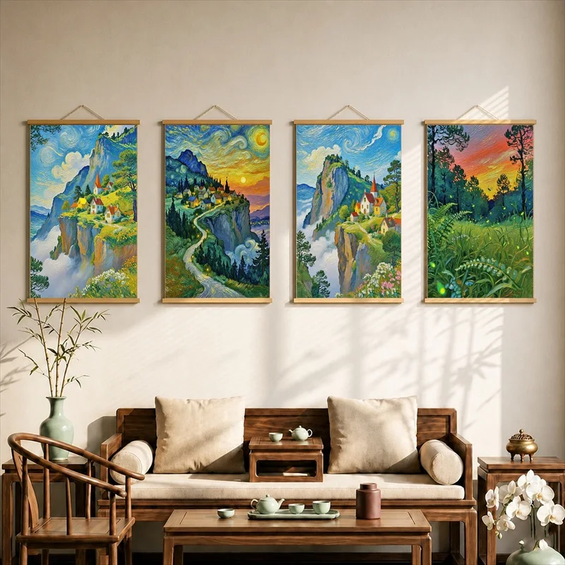 Room Decorations Colorful Mountain Villages beneath Starry Skies, Pearlescent Canvas Hanging Scroll for Childrens Reading Corner