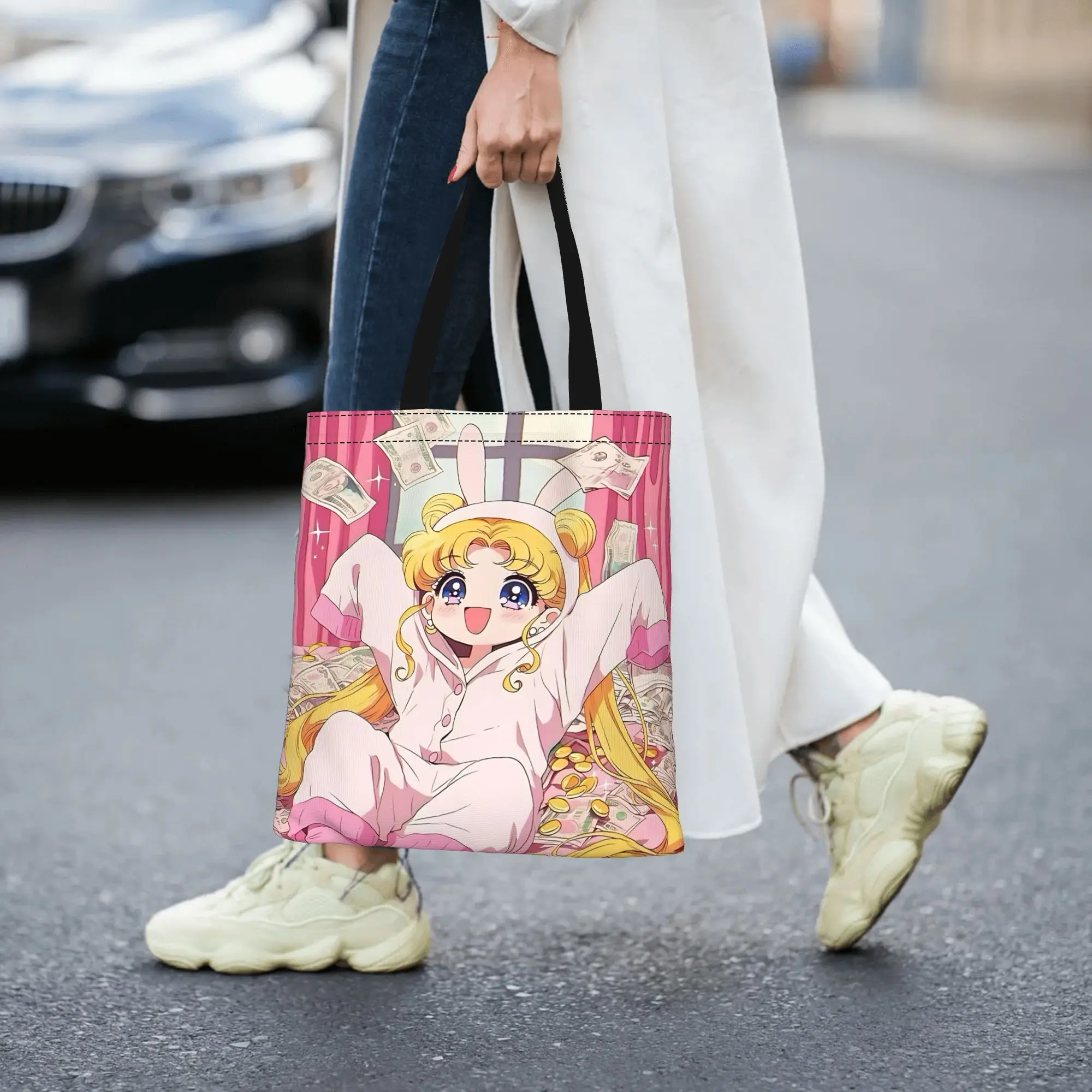 Customized Sailor Moon Women's Bag Shopping Bag Reusable Double Sided Canvas Tote Bag Shoulder  Handbag