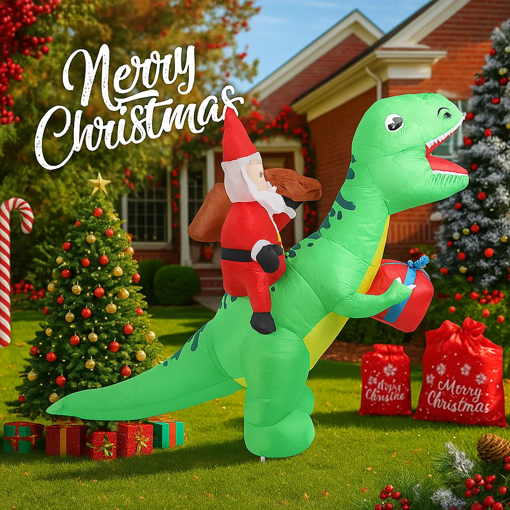 5.91FT Christmas Holiday Inflatable Santa Claus Dinosaur Toy LED Lit Home Supplies Ornament Gift Xmas Yard Lawn Party Decoration