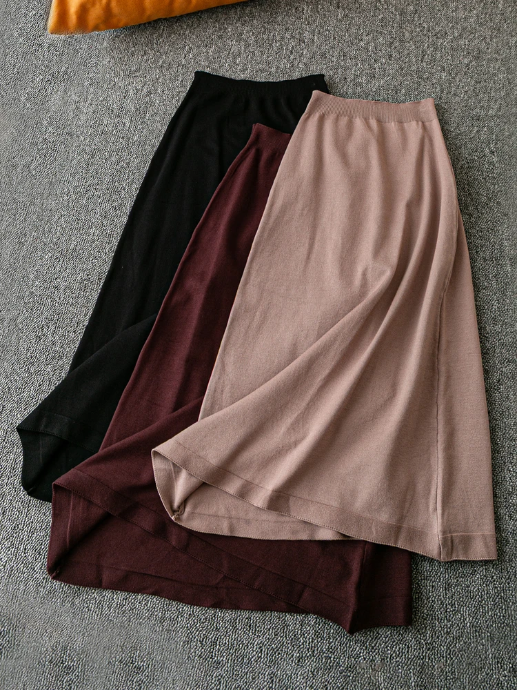 

Faionable Simple Korean Sle Spring Autumn Knitted f Skirt Elastic Waist Yarn Versatile Slimming Mid-Length A-Line Skirt