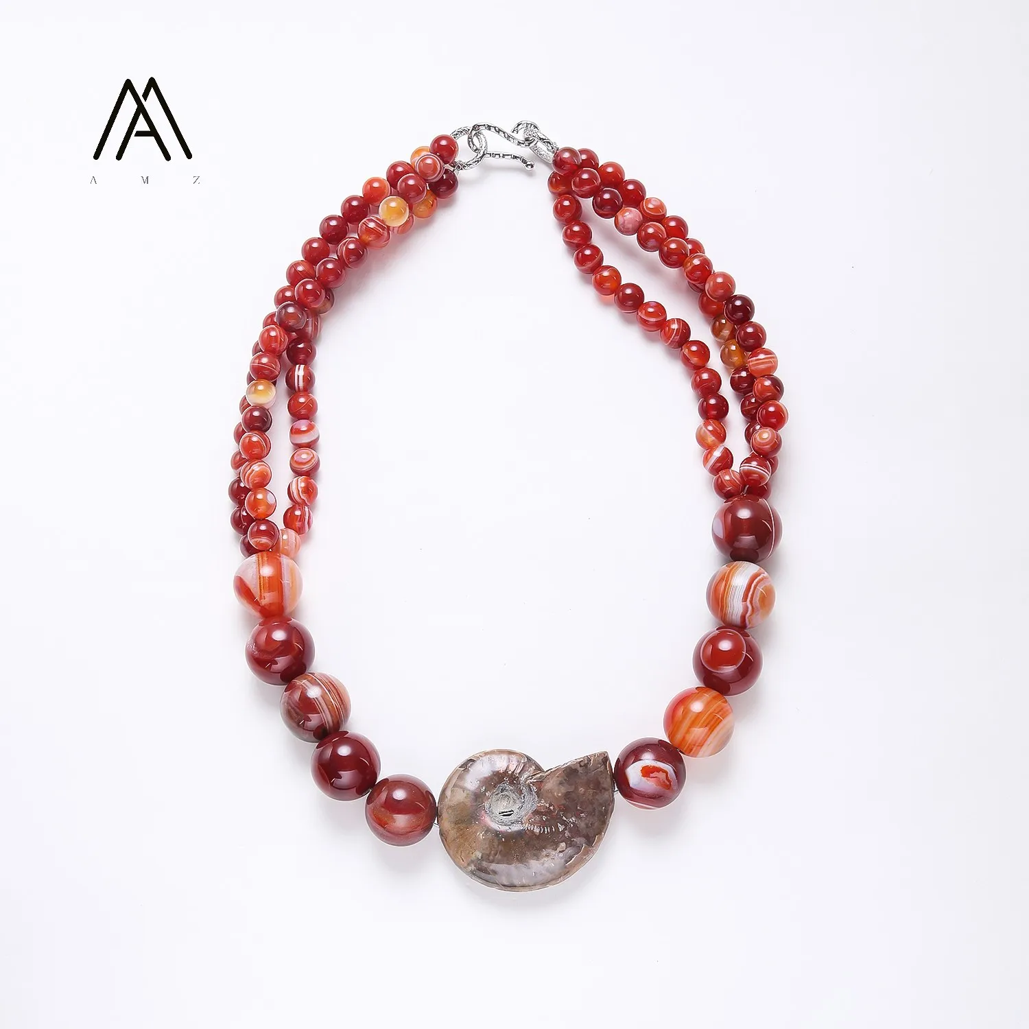 Red Striped Agate Beads Beaded Women's Red Agate Necklaces with Conch Shell Pendant Necklace 20 Inches Statement Jewelry
