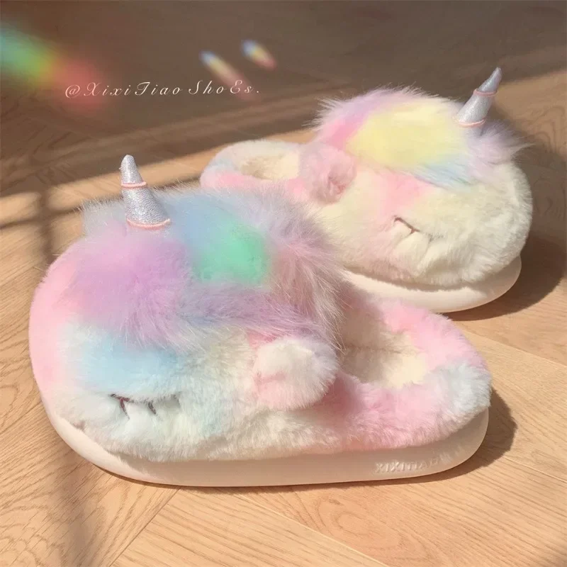 Woman Slippers Sweet Dreamy Monster Female Winter Home Fashion Warm Comfort Flat Thick Bottom Anti Slip Cotton Slippers Unicorn